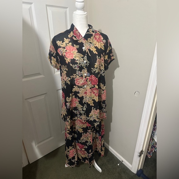 April Cornell Maxi Skirt Set Sz S Floral Albalone Button Vented ‎ Semi Sheer - Picture 1 of 16